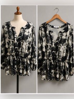 Calvin Klein Black & White Floral Peplum Blouse | 3/4 Sleeve Career Top XL